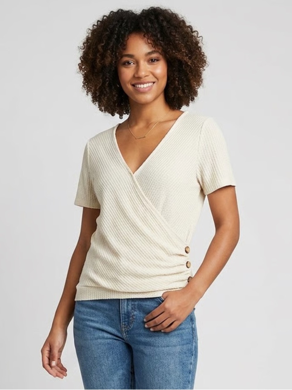 LAZY SUNDAYS | Cream Waffle Knit Spliced Neckline Top Sz L